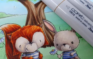 Cute Copic Spring Scene Card with Purple Onion Designs Rubber Stamps