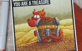 Copic Dragon Gold Scene Card featuring Whimsy Stamps Peeking Dragon rubber stamp