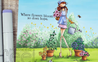 Copic Garden Scene Colouring Video featuring Stamping Bella Uptown Girl Pippa loves to Plant