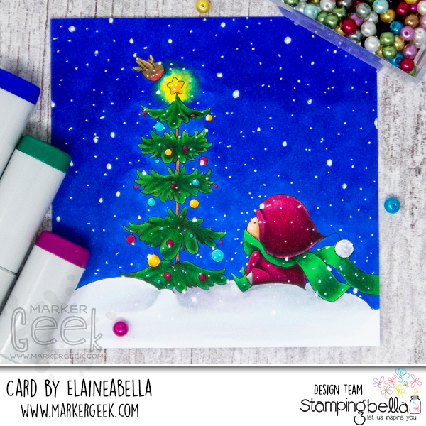 Copic marker colouring video and card inspiration featuring Stamping Bella Bundle Girl with a Christmas Tree and a Birdie rubber stamp set.