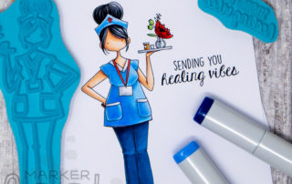 Copic marker colouring video and card inspiration featuring Stamping Bella Curvy Girl Nurse stamp set.