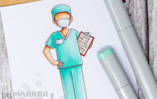 Copic marker colouring video and card inspiration featuring Stamping Bella Male Nurse stamp set.