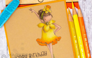 Coloured pencil colouring video & inspiration for Stamping Bella Tiny Townie Garden Girl Daffodil rubber stamp coloured using Faber-Castell Polychromos.