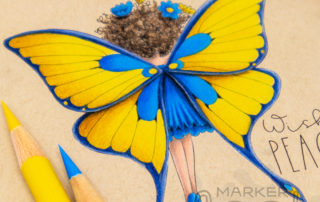 Coloured pencil colouring video & inspiration for Stamping Bella Tiny Townie Butterfly Girl Babette rubber stamp coloured using Faber-Castell Polychromos.