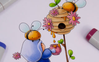 Copic marker colouring video and card inspiration featuring the Stamping Bella Bundle Girl with a Beehive stamp set.