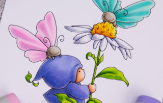 Copic marker colouring video and card inspiration featuring the Stamping Bella Bundle Girl with Butterflies stamp set.