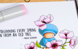Copic marker colouring video and card inspiration featuring the Stamping Bella Bundle Girl with Cherry Blossom stamp set.
