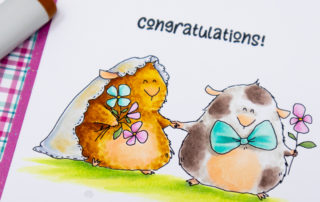 Copic marker colouring video and card inspiration featuring the Stamping Bella The Guineas Get Married stamp set.