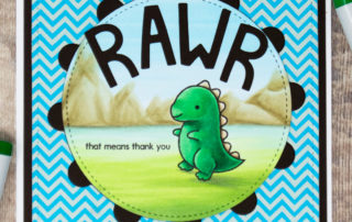 Copic marker colouring video and card inspiration featuring the Lawn Fawn RAWR flip flop clear stamp set.