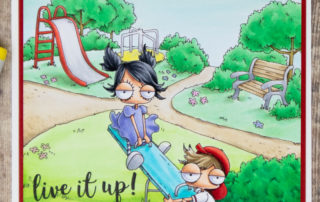 Copic marker colouring video and card inspiration featuring the Stamping Bella Mini Oddballs on a Seesaw and Park Backdrop stamps.