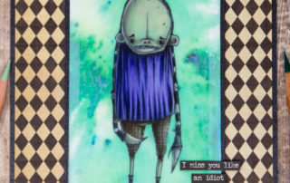 Mixed media card inspiration featuring Stampotique Originals Kuikui stamp by Daniel Torrente. Coloured using Caran d'Ache Luminance pencils on vellum.