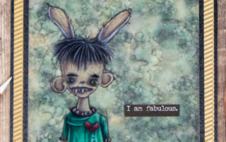 Mixed media card inspiration featuring Stampotique Originals Handsome Foo Foo stamp by Daniel Torrente. Coloured using Caran d'Ache Luminance pencils on vellum.