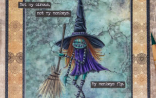 Mixed media card inspiration featuring Stampotique Originals Broom Shindig stamp by Daniel Torrente. Coloured using Caran d'Ache Luminance pencils on vellum.