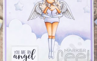 Copic marker colouring video and card inspiration featuring the Stamping Bella Curvy Girl Angel & Stars and Clouds Backdrop stamp sets.