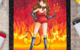 Copic marker colouring video and card inspiration featuring the Stamping Bella Curvy Girl Devil stamp set and a fiery flame background.