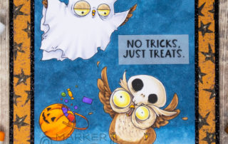 Copic marker colouring video and card inspiration featuring the Stamping Bella Scaredy Owl stamp set.