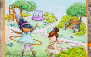 Copic marker colouring video and card inspiration featuring the Stamping Bella Tiny Townie Hula Hoopers and Park Backdrop stamp sets.