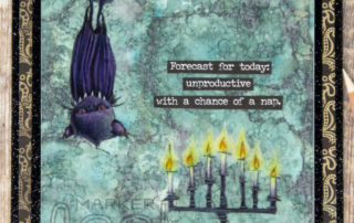 Mixed media card inspiration featuring Stampotique Originals Batty and Denominationally Similar stamps by Daniel Torrente. Coloured using Caran d'Ache Luminance pencils on vellum.