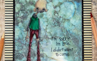 Mixed media card inspiration featuring Stampotique Originals Quimby stamp by Daniel Torrente. Coloured using Caran d'Ache Luminance pencils on vellum.