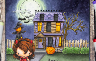 Copic marker colouring video and Halloween scene card inspiration featuring The Greeting Farm Halloween Nite & Hallo She-Devil digital stamp sets.