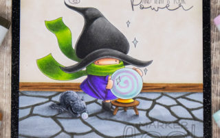 Copic marker coloured scene card inspiration & video featuring the Stamping Bella Crystal Ball Bundle Girl stamp set.