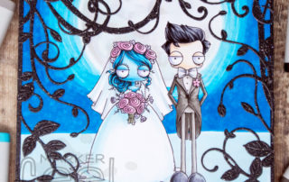 Copic marker coloured scene card inspiration & video featuring the Stamping Bella Oddball Bride & Groom stamp set.