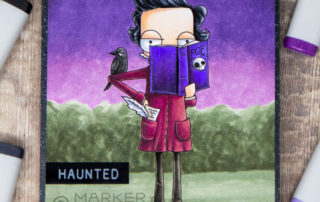 Copic marker coloured scene card inspiration & video featuring the Stamping Bella Oddball Edgar Allan stamp set.