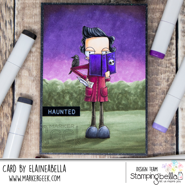 Copic marker coloured scene card inspiration & video featuring the Stamping Bella Oddball Edgar Allan stamp set.