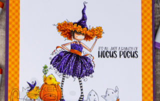 Copic marker coloured card inspiration & video featuring the Stamping Bella Tiny Townie Willow the Witch stamp set.