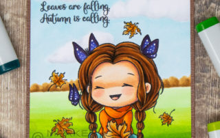 Copic marker coloured scene card inspiration featuring the Sweet November Stamps Flutterbee Amber clear stamp set.