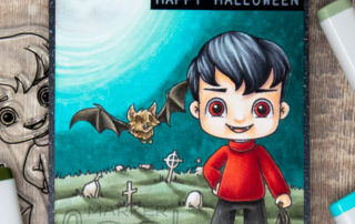 Copic marker coloured scene card inspiration featuring the Sweet November Stamps Frightful Flutterbee Bram clear stamp set.