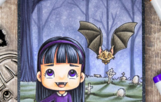 Copic marker coloured scene card inspiration featuring the Sweet November Stamps Frightful Flutterbee Claudia clear stamp set.