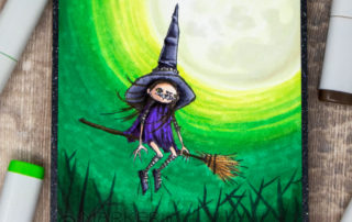 Copic marker coloured scene card inspiration featuring the Stampotique Originals Heading Down witch stamp.