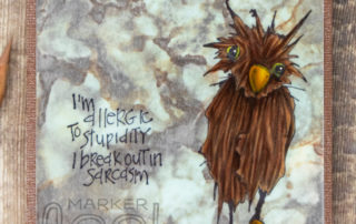 Mixed media card inspiration featuring Stampotique Originals Who Owl & Extra and Phrase Cube 4 stamps by Daniel Torrente. Coloured using Caran d'Ache Luminance pencils on vellum.