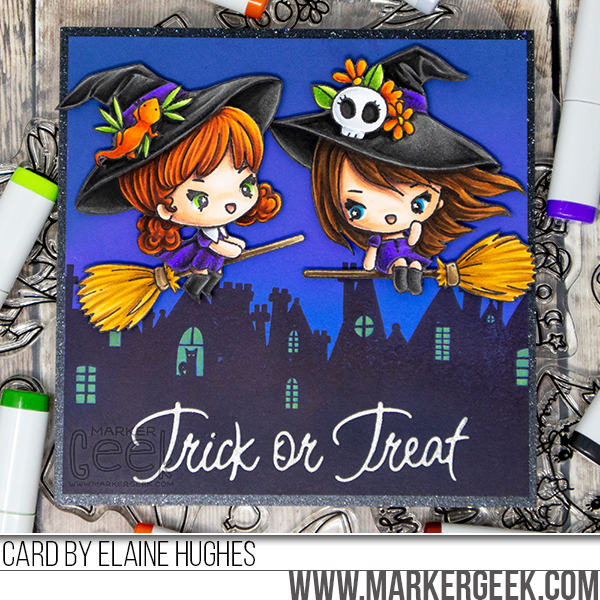Copic marker coloured scene card inspiration & colouring video featuring The Greeting Farm Hocus Pocus clear stamp set.