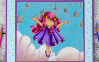 Coloured pencil colouring video & scene card inspiration for Stamping Bella Tiny Townie Astrology Chart and Stars & Clouds Backdrop stamps rubber stamp coloured using Holbein Artist's pencils.