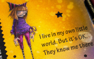 Art journal page and coloured pencil colouring inspiration featuring Stampotique Originals Doris rubber stamp and Faber-Castell Polychromos pencils.