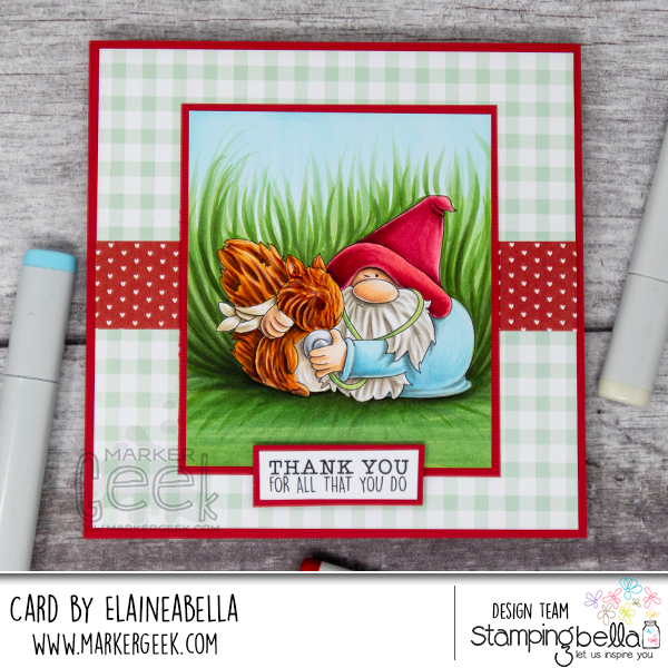 Copic marker coloured scene card inspiration & video featuring the Stamping Bella Gnome Vet rubber stamp.