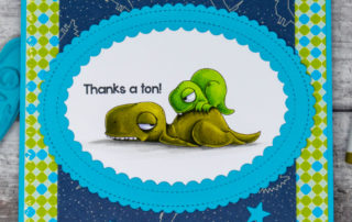 Copic marker coloured card inspiration & video featuring the Stamping Bella Oddball Dino Trio rubber stamp set.