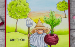 Copic marker coloured scene card inspiration & video featuring the Stamping Bella Gnome Farmer and Summer Backdrop rubber stamps.