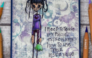 Mixed media card inspiration & colouring video featuring Stampotique Originals Mishka rubber stamp by Daniel Torrente. Coloured using Caran d'Ache Luminance pencils on vellum.