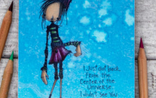 Mixed media card inspiration & colouring video featuring Stampotique Originals Seratonin rubber stamp by Daniel Torrente. Coloured using Caran d'Ache Luminance pencils on vellum.