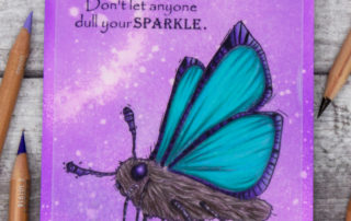 Mixed media card inspiration & colouring video featuring Stampotique Originals Xeno the Great rubber stamp by Daniel Torrente. Coloured using Caran d'Ache Luminance pencils on vellum.