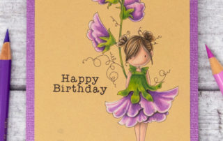 Coloured pencil colouring video & inspiration for Stamping Bella Tiny Townie Garden Girl Sweetpea rubber stamp coloured using Faber-Castell Polychromos pencils.