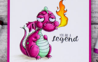 Copic marker coloured card inspiration & video featuring the Stamping Bella Oddball Fairytale Dragon Sitting rubber stamp.