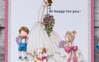 Copic marker coloured card inspiration & video featuring the Stamping Bella Uptown Girl Brigitte the Bride and Tiny Townie Wedding Trio rubber stamps.