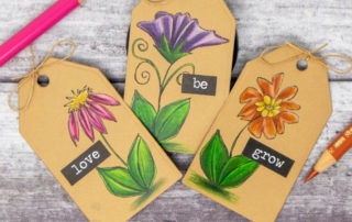 Card inspiration & colouring video featuring Stampotique Originals Floral Cube 1 rubber stamp. Coloured using Faber-Castell Polychromos pencils on kraft.