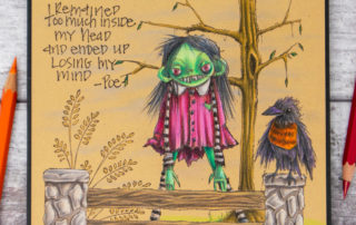 Scene card inspiration & colouring video featuring Stampotique Originals Maryanne and other rubber stamps. Coloured using Caran d'Ache pencils on kraft.