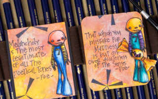 Inktense coloured ATC inspiration featuring Stampotique Originals Seiben, Poe Quote Cube, Candy Cube and Background Cube rubber stamps.
