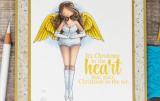 Coloured pencil coloured card inspiration & video featuring the Stamping Bella Curvy Girl Angel rubber stamp set & Polychromos pencils.